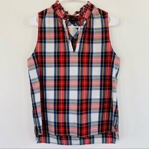 J. Crew Tartan Plaid Sleeveless Blouse with Ruffle V-Neck - Holiday Theme